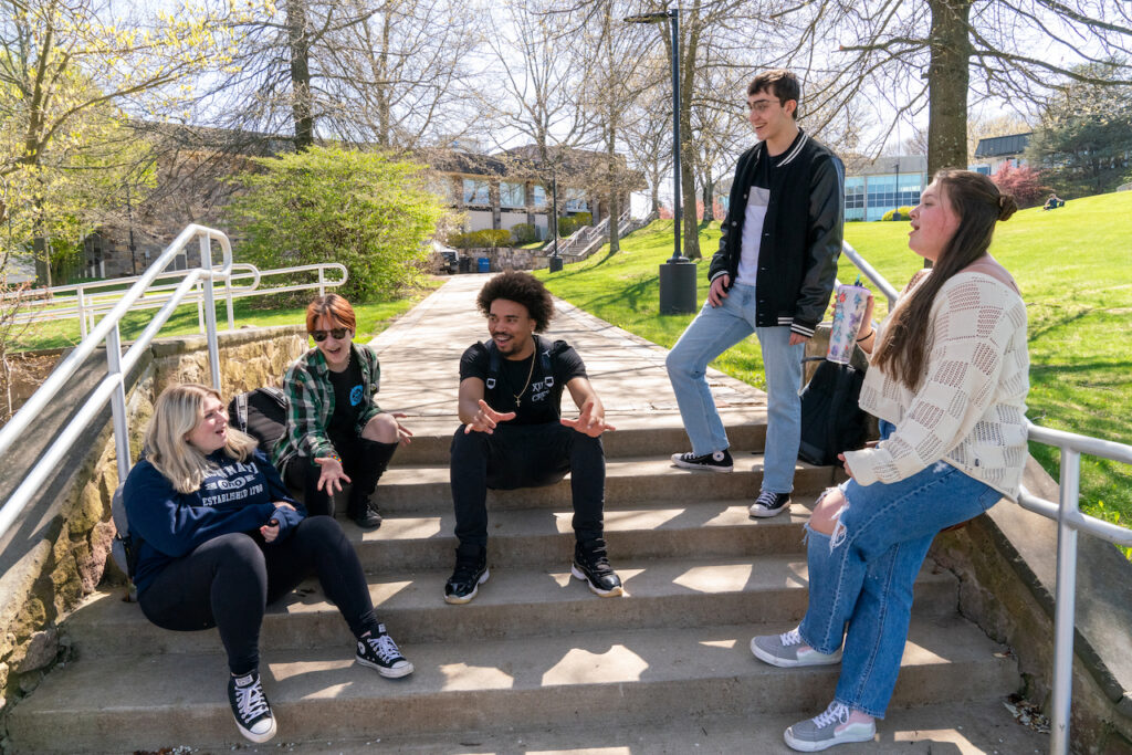 students on campus springtime